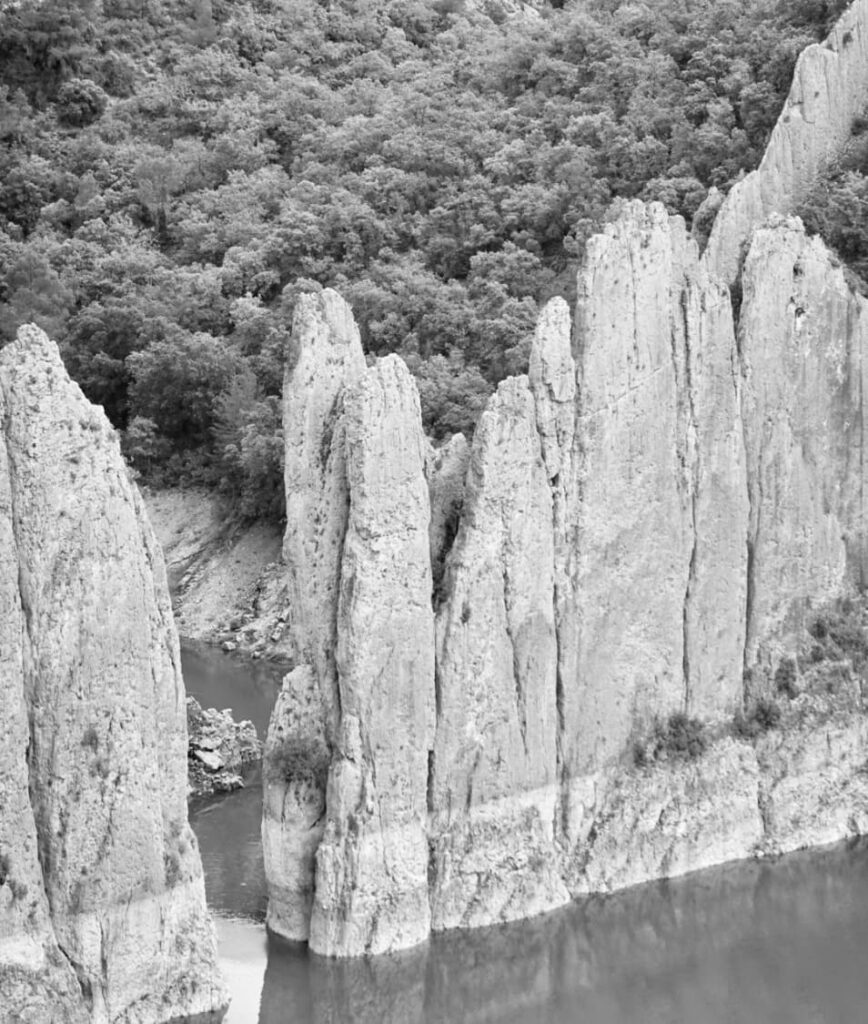 Hohe, zerklüftete Felsformationen ragen aus einem ruhigen Fluss empor, während dichter Wald den Hang im Hintergrund bedeckt. Die Szene wirkt natürlich und unberührt – eine ideale Landschaft, die an jene erinnert, die man bei geführten Bergtouren in den Alpen erkundet.
