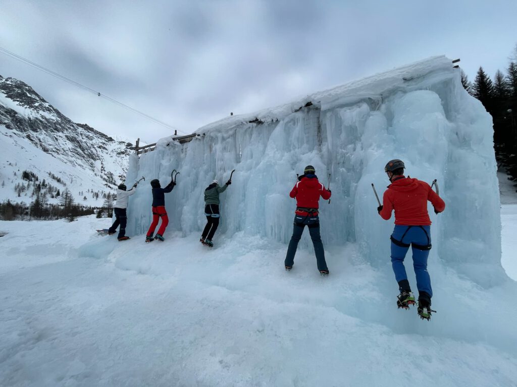 Fünf Personen in Kletterausrüstung nehmen an einem Eiskletterkurs in den Hohen Tauern teil und erklimmen mit Eispickeln eine große, senkrechte Eiswand im Freien in einer verschneiten Berglandschaft. Der Himmel ist bewölkt, und im Hintergrund sind Bäume zu sehen.