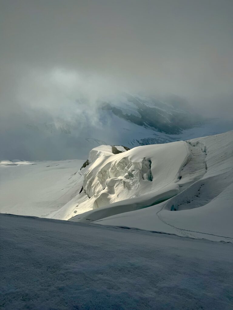 Eine verschneite Berglandschaft mit tiefen Gletscherspalten und nebligen Wolken. Sanftes Sonnenlicht lässt einen Grat aus Schnee und Eis erstrahlen, während sich rechts unten unter den hoch aufragenden Gipfeln von Eiger, Mönch und Jungfrau eine kaum erkennbare Spur – die auf den Verlauf einer geführten Bergtour hindeutet – schlängelt.