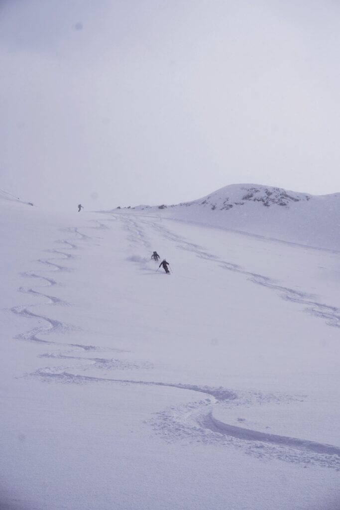 Drei Skifahrer fahren einen verschneiten, offenen Berghang hinunter und hinterlassen unter bewölktem Himmel geschwungene Spuren im frischen Pulverschnee – ein Erlebnis, das an geführte Skihochtouren in den Alpen erinnert, bei denen Abenteurer durch atemberaubende Winterlandschaften geführt werden.